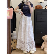 批发实拍~大码女装设计感高腰蕾丝半身裙气质甜美a字长裙仙女裙套装