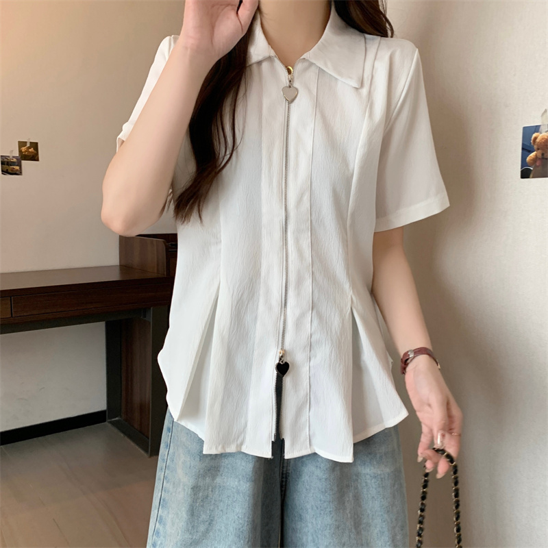 RY2185# 实拍大码polo领双拉链白色短袖衬衫夏季胖mm显瘦遮肚子上衣女