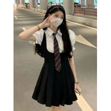 批发辣妹jk制服吊带百褶裙+泡泡袖衬衫两件套装潮小黑裙背带连衣裙女