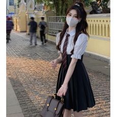 批发微胖mm减龄衬衫背带裙两件套装夏季大码女装遮肚显瘦学院风连衣裙