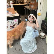 批发法式初恋蓝色吊带<b class='q'>连衣裙</b>夏季小个子海边度假风沙滩长裙