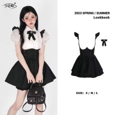 批发少也眼慵懒洋娃娃 白色飞飞袖衬衫绑带领结收腰背带裙短裙<b class='q'>连衣裙</b>