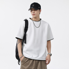 批发实拍夏季华夫格短袖T恤男日系假两件半袖韩版休闲宽松体恤上衣潮