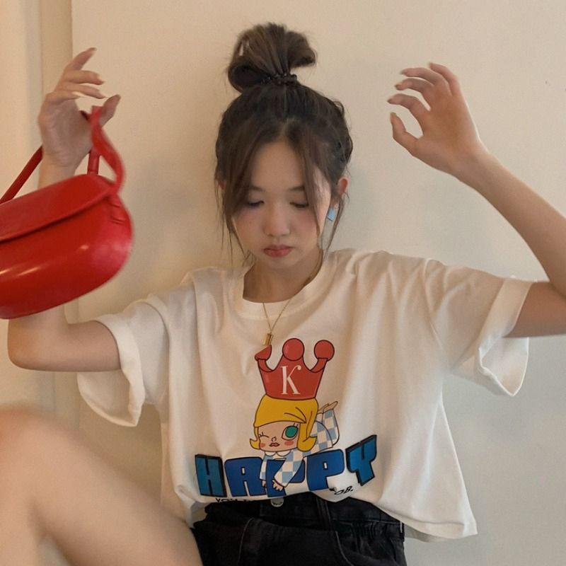 있음 선적 순면 대외 무역 여름 드레스 느긋한 루즈핏 알파벳 만화 프린트 반팔 티셔츠 한 부서 하라주쿠 맨위