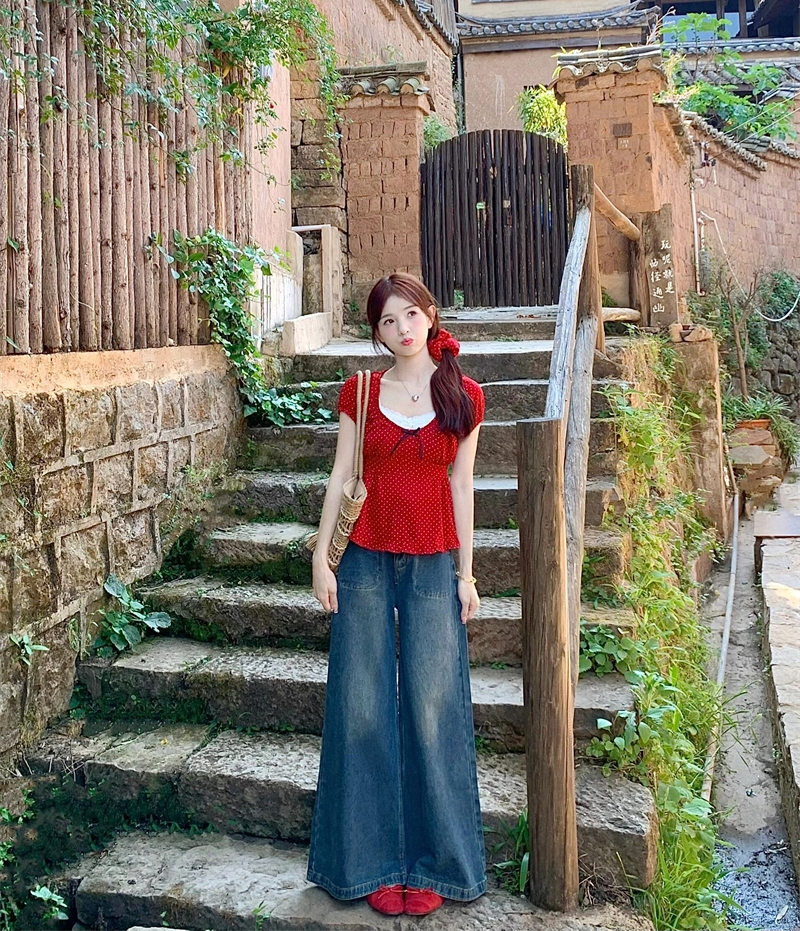 실사 빅 사이즈 빨간색 도트 무늬 맨위 여성 여름 반팔 물결무늬 측면 풀오버 쇼트 스타일 셔츠 쉬폰 블라우스