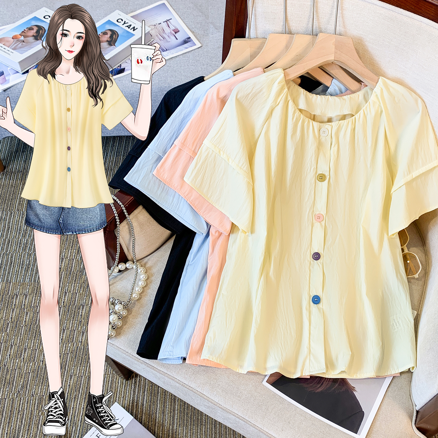 RY4014# 韩系气质泡泡袖糖果扣宽松减龄显瘦圆领短袖衬衫女