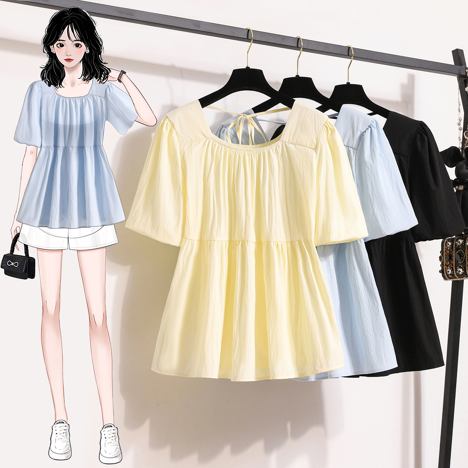 RY4015# 实拍实价法式甜美方领衬衫夏季独特别致显瘦泡泡袖上衣