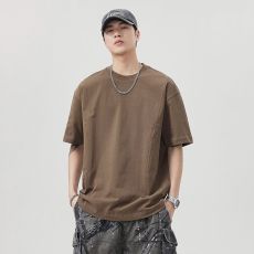 批发实拍日系简约拼接短袖t恤男2025夏季新款重磅纯棉宽松百搭体恤男