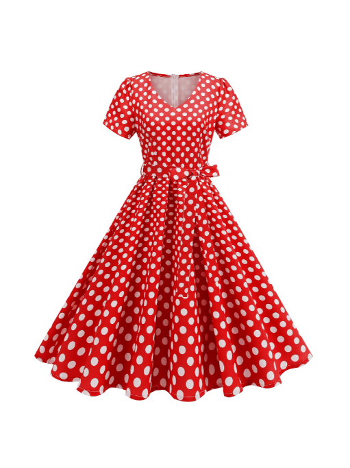 MY16686# 亚马逊外贸欧美跨境女装爆款赫本风V领大摆波点复古时尚连衣...