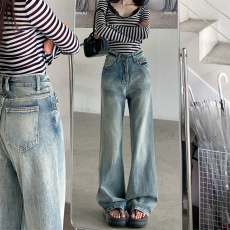 实价实拍  浅色扎花水洗大微喇牛仔裤 撞色设计百搭休闲裤长裤女