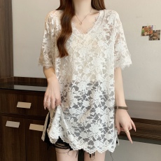 批发实拍 大码胖MM<b class='q'>韩版</b>简约百搭纯色V领套头宽松型蕾丝衫上衣女