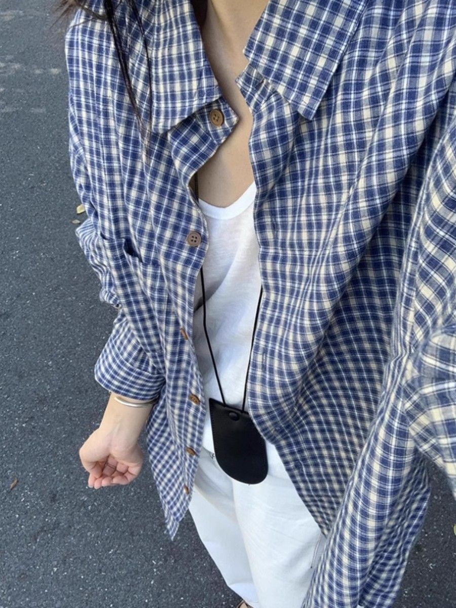 레트로 작은 대중 파란색 긴팔 체크무늬 여성 셔츠 느긋한 바람 캐주얼 체크무늬 루즈핏 외부 가져 가라. 셔츠