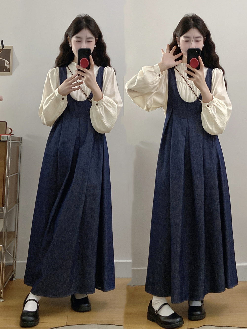 봄 가을 한 부서 레트로 워싱 데님 블루 u 칼라 명중 Pleat 조끼 스커트 여성 귀여운 슬림해 보이는 연령 감소 셔츠 투피스 세트