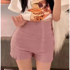 批发实价夏季新款气质高腰纯色木耳边针织短裤