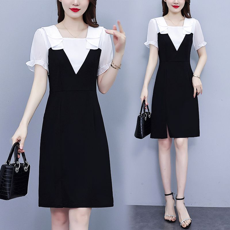 MY6318# 夏季新款雪纺拼接淑女修身显瘦大码连衣裙时尚包臀裙女裝貨源服裝批發