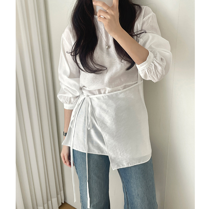 있음 선적 chic 한국 스타일 페이크 레이어드 방귀 커튼 라운드 넥 셔츠 맨위