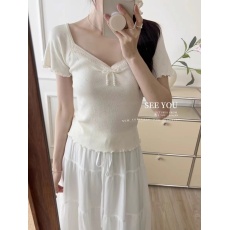 批发夏季泡泡袖修身上衣女蝴蝶结t恤甜美<b class='q'>薄</b>款冰丝短款粉色短袖针织衫