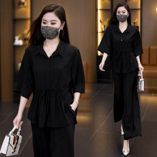 批发实拍2026夏装新款高级感衬衫大码套装遮肉显瘦时尚宽松减龄两件套