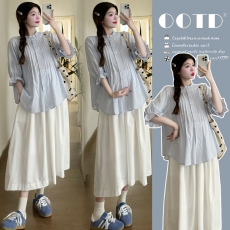 批发2026孕妇春<b class='q'>夏</b>温柔系炸街奶乖套装泡泡袖宽松气质衬衫＋半身裙套装