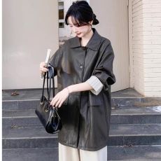 批发2026早季新款美式复古做旧蛋白皮<b class='q'>皮衣</b>中长外套女<b class='q'>机车</b>风衣PU皮夹克