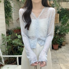 批发天猫抖音质量防晒衣<b class='q'>开衫</b>女薄款宽松木耳边外搭披肩<b class='q'>短款</b>针织冰丝衫