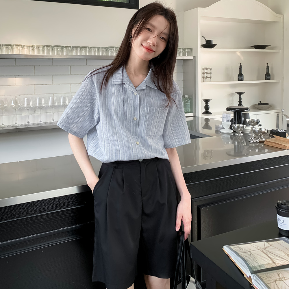 실사 쿠바 칼라 스트라이프 반팔 셔츠 맨위 레트로 파란색 셔츠 여성