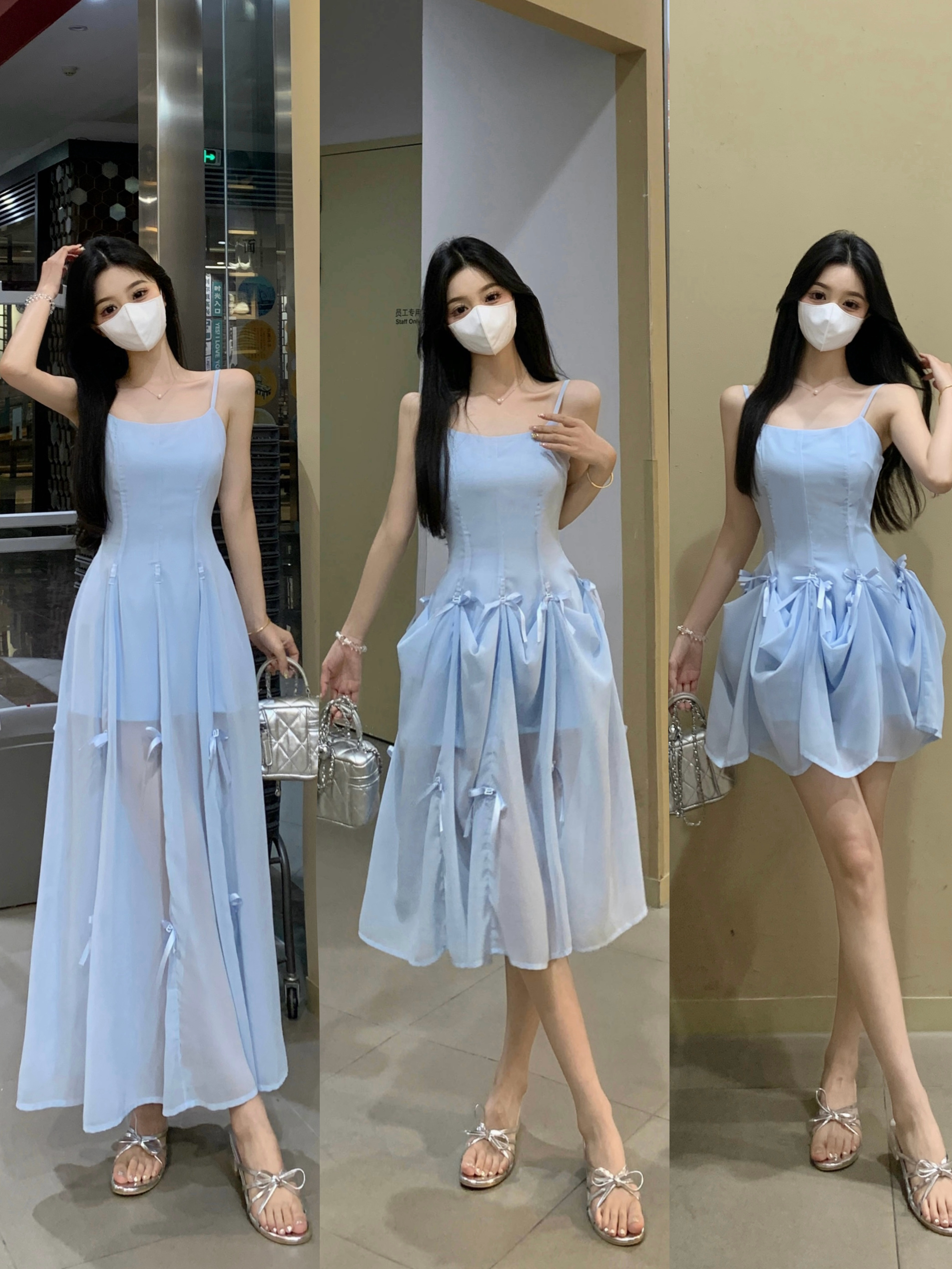 大码多重甜妮收腰纯欲吊带连衣裙女别致绝美修身三穿蝴蝶结短裙女
