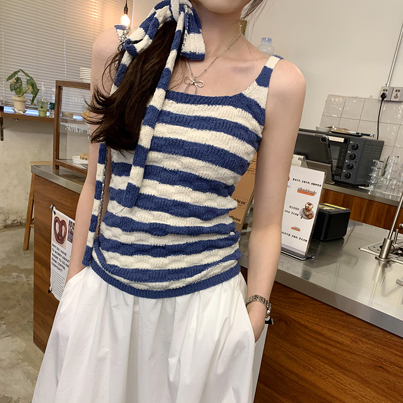 FA12240# 图绝美挂脖飘带蓝色条纹无袖针织吊带背心女夏外穿新款上衣 服裝批發女裝批發服飾貨源