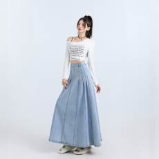 批发720度超大裙摆浅蓝显瘦不显胯百褶长裙摆松弛慵懒 舒适垂感拖地裙