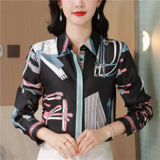 批发真丝斜纹绸长袖H家皮带抽象印花桑蚕丝衬衫<b class='q'>女</b> 宽松显瘦气质OL衬衣