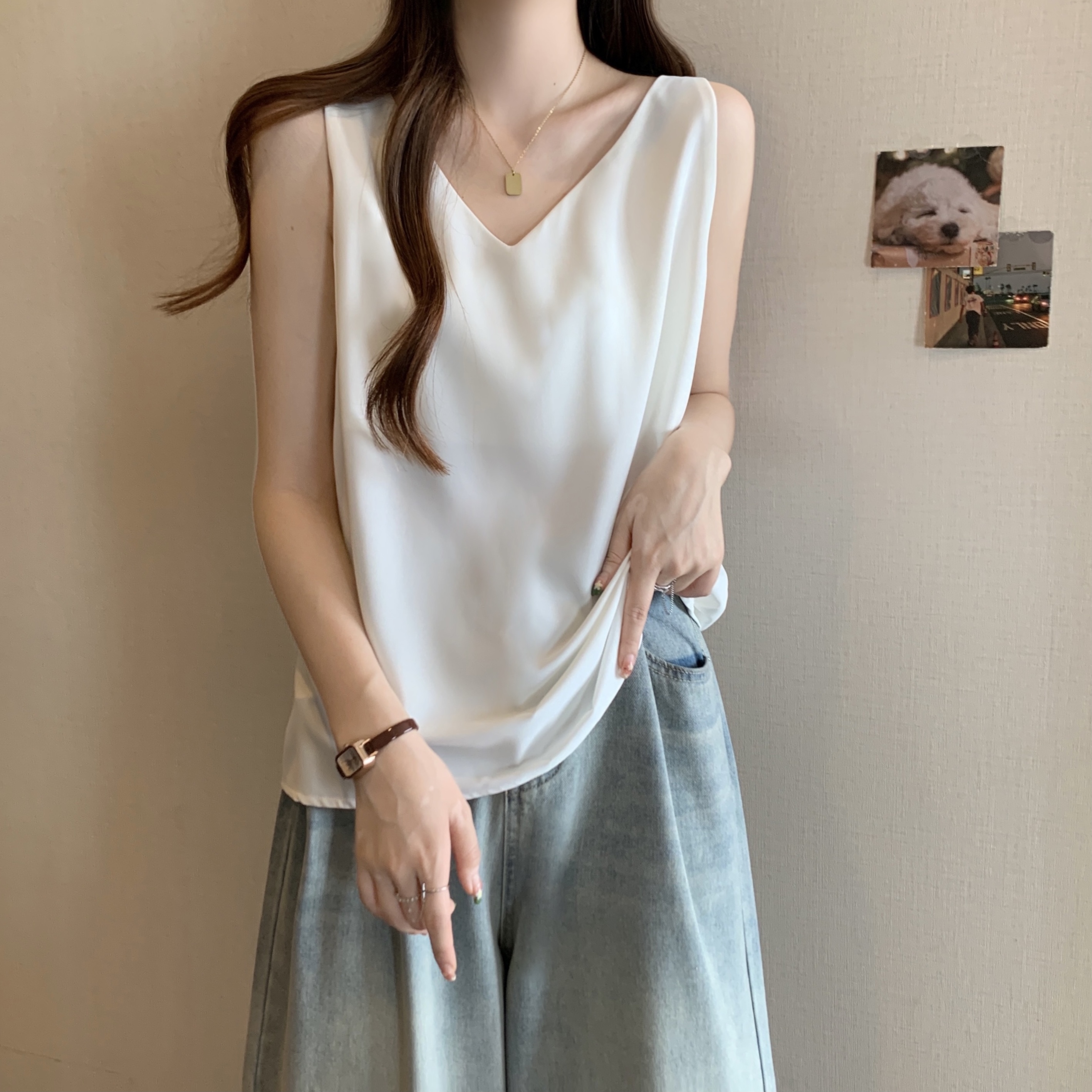 BY9149#真丝吊带背心女内搭西装打底衫缎面仿桑蚕丝醋酸上衣夏v领