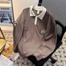 批发美式复古华夫格长袖polo衫<b class='q'>卫衣</b><b class='q'>男士</b>潮牌街头宽松休闲情侣上衣