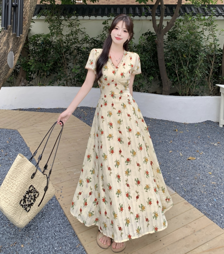 MY7142# 大码胖mm夏季刺绣法式荷叶边V领碎花连衣裙女甜美裙子女裝貨...