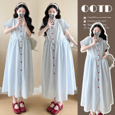 批发实拍2025夏新款蝴蝶结蓝白提花红扣孕妇连衣裙