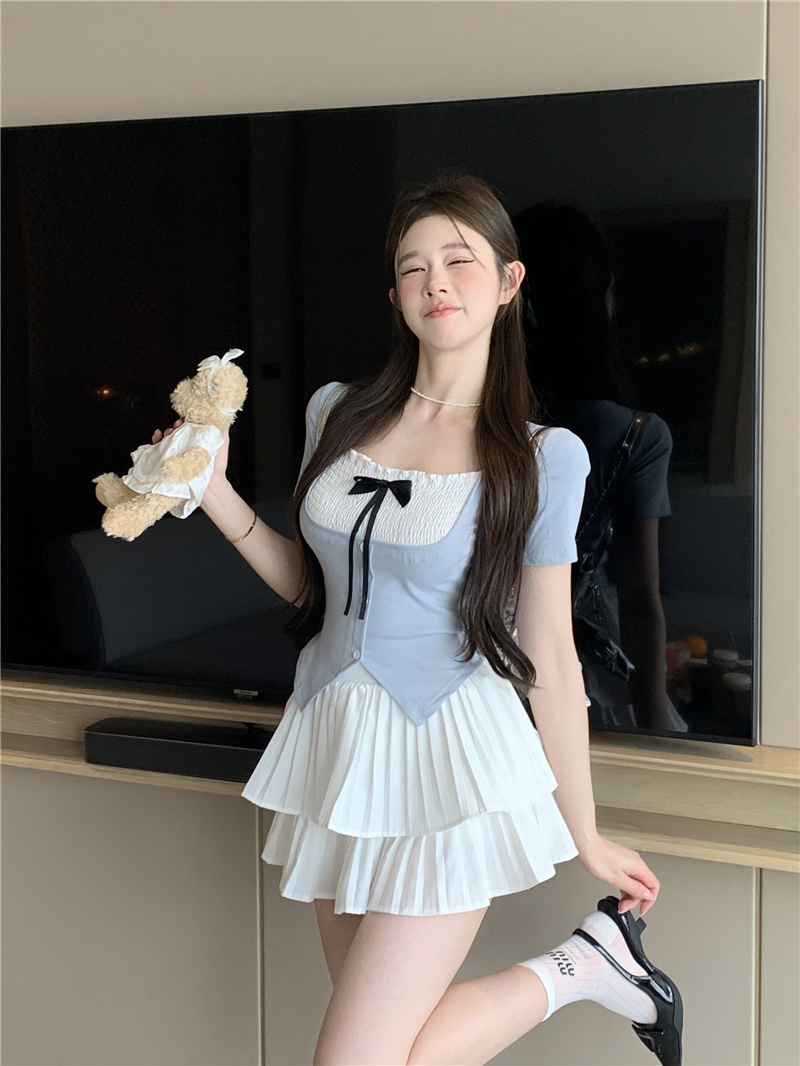 MY2755#法式甜辣妹设计感小众蝴蝶结短袖t恤高腰半身短裙套装女女裝貨源服裝批發