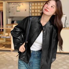 批发2026安可拉红复古机车pu<b class='q'>皮衣</b>外套<b class='q'>女</b>时尚减龄短款皮夹克