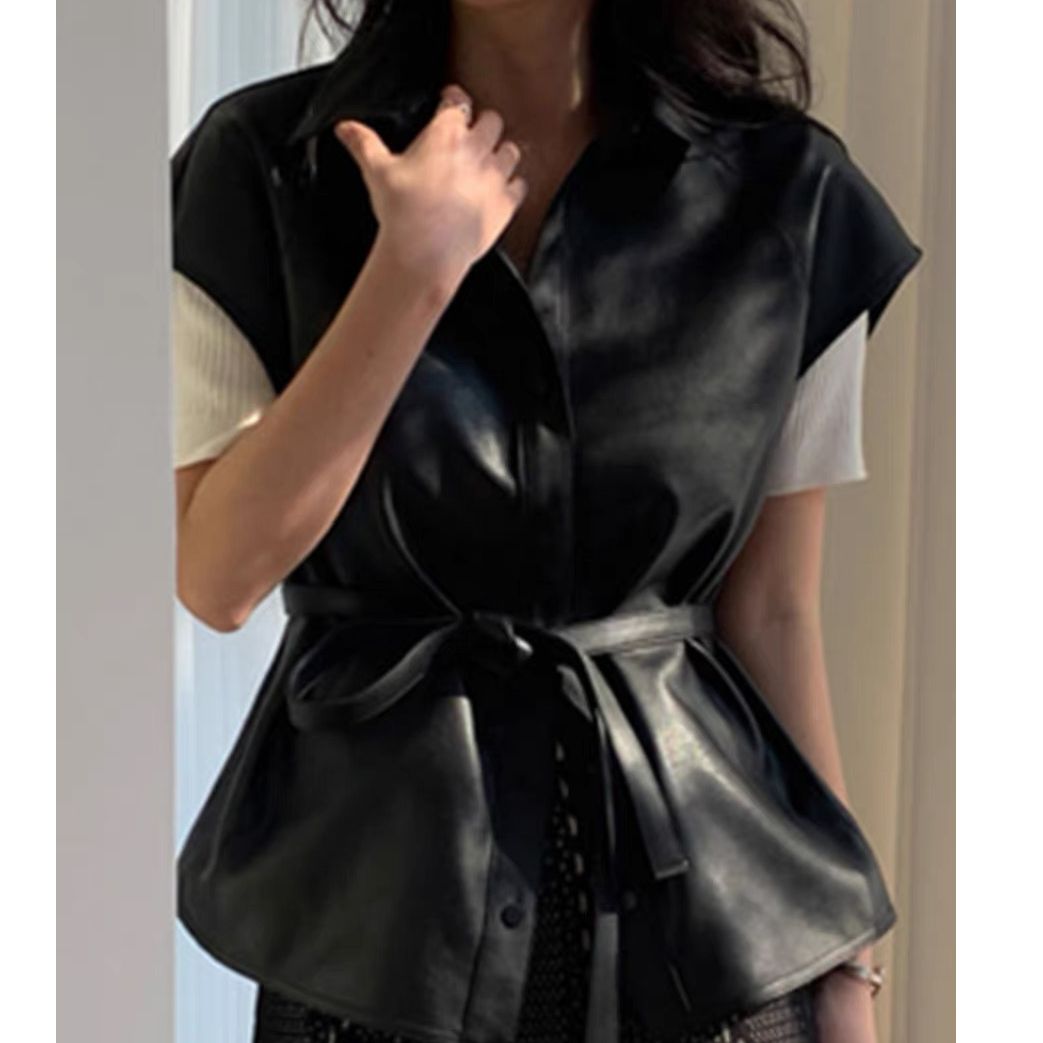 이른 가을 한국 chic 레트로 작은 대중 폴로 칼라 싱글 줄 버튼 레이스업 허리 수축 슬림해 보이는 민소매 가죽 재킷 베스트 여성 코트