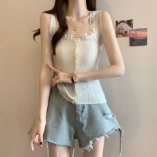 实拍~大码纯欲风针织吊带背心女性感修身短款蕾丝花边上衣