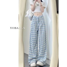 批发内包边 蓝色格子休闲<b class='q'>裤</b>女新款大码宽松显瘦阔腿<b class='q'>裤</b>子