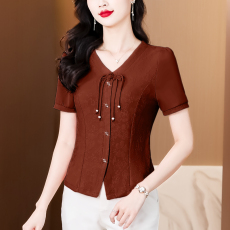 批发实拍2026夏季新款V领提花气质显瘦大码女士上衣弹力百搭小衫