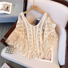 批发实拍大码女装V领夏装新款勾花镂空蕾丝衫薄针织套头宽松中袖罩衣