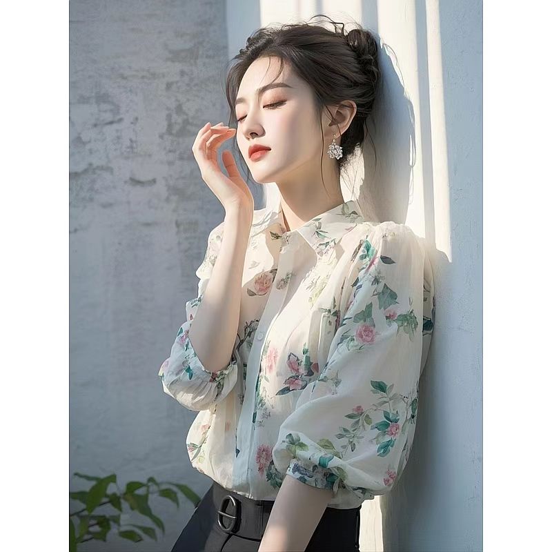 2026 봄 드레스 새로운 고유 한 아름다운 작은 셔츠 프랑스식 고급 센스 슈퍼 잘 생긴 품격 화이트 꽃무늬 쉬폰 셔츠