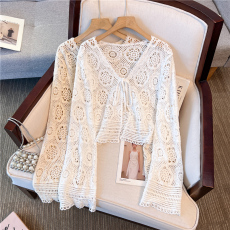 批发实拍勾花镂空针织罩衫夏外搭波西米亚海边度假风长袖上衣防晒衫女