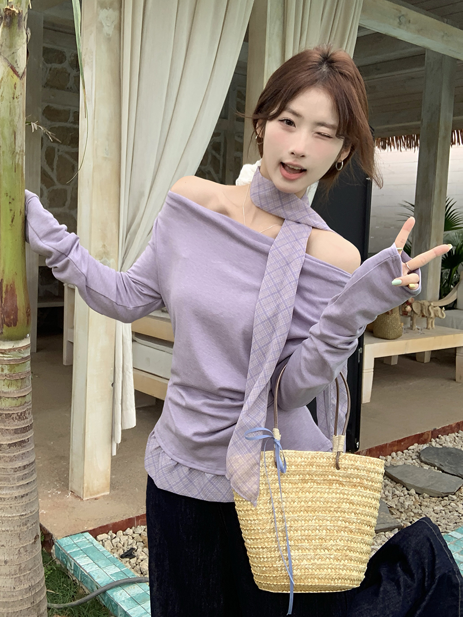 실사 정가 한 스타일 페이크 레이어드 맨위 디자인 센스 체크무늬 패치워크 경기 스카프 Chic 스택 착용 만나는 티셔츠