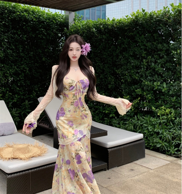 실사 정가 꽃무늬 드레스 봄 여름 새로운 휴가 바람 착용 가져 가라. 오픈 가디건 슬립 인어 꼬리 롱 스커트