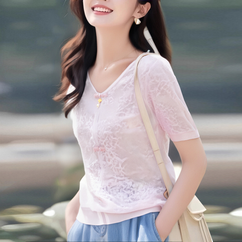 MY1940# 夏季蕾丝提花V领针织国风盘扣上衣女裝貨源服裝批發