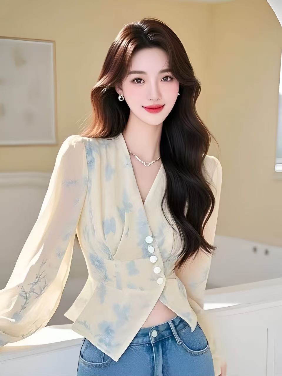 MY16394# 新款掐腰黄色v领碎花衬衫时尚洋气长袖上衣女女裝貨源服裝批...