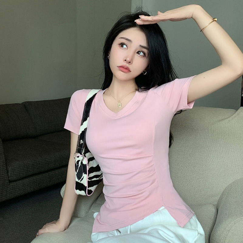 MY1830#  夏季韩版新款纯棉收腰开叉V领不规则黑色正肩短袖小心机t恤女裝貨源服裝批發