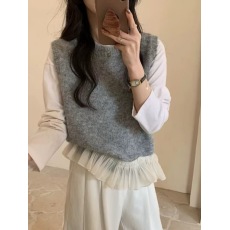 批发粉色蕾丝拼接针织马甲无袖背心女<b class='q'>春</b>季高级感内搭叠穿圆领短款上衣