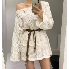 批发中长款镂空钩花宽松套头毛衣连衣裙 配复古波西米亚腰带